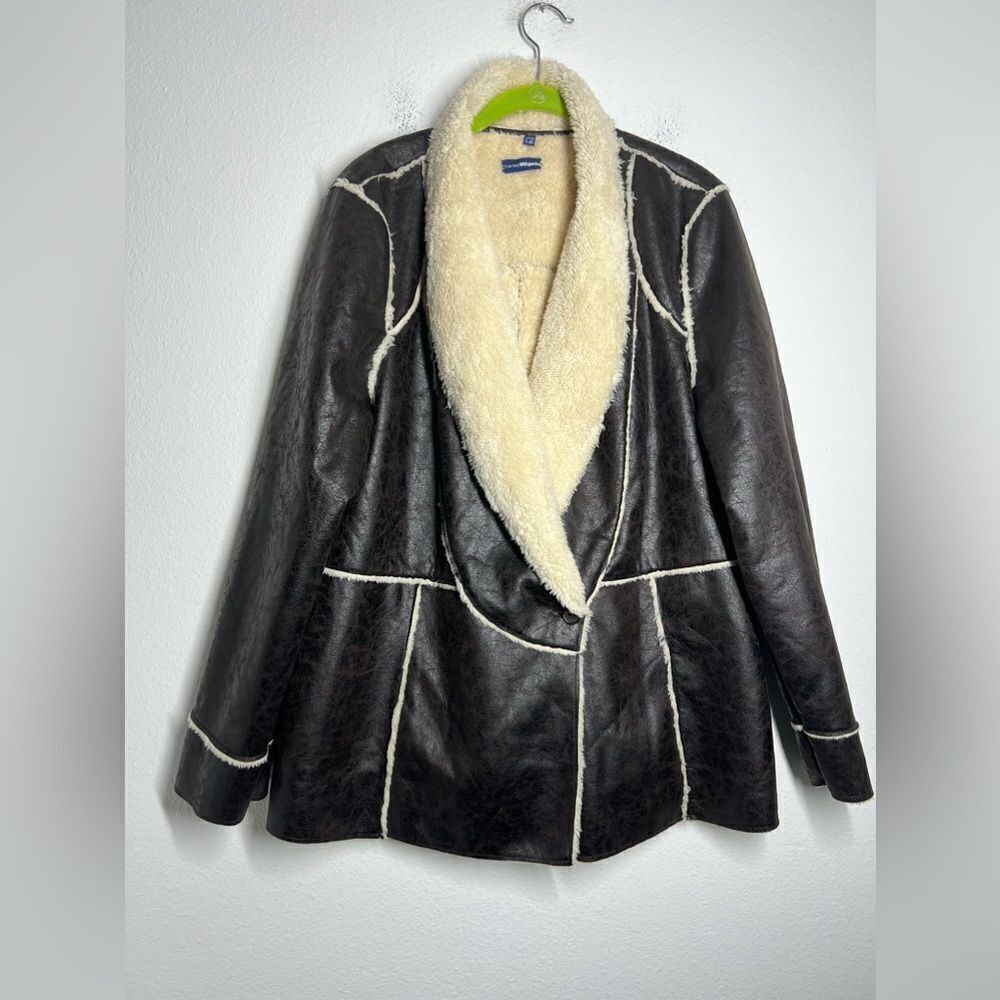 Charles Vogele Faux Leather Sherpa Jacket Chocolate Brown Cream Size 48 EU/1X US